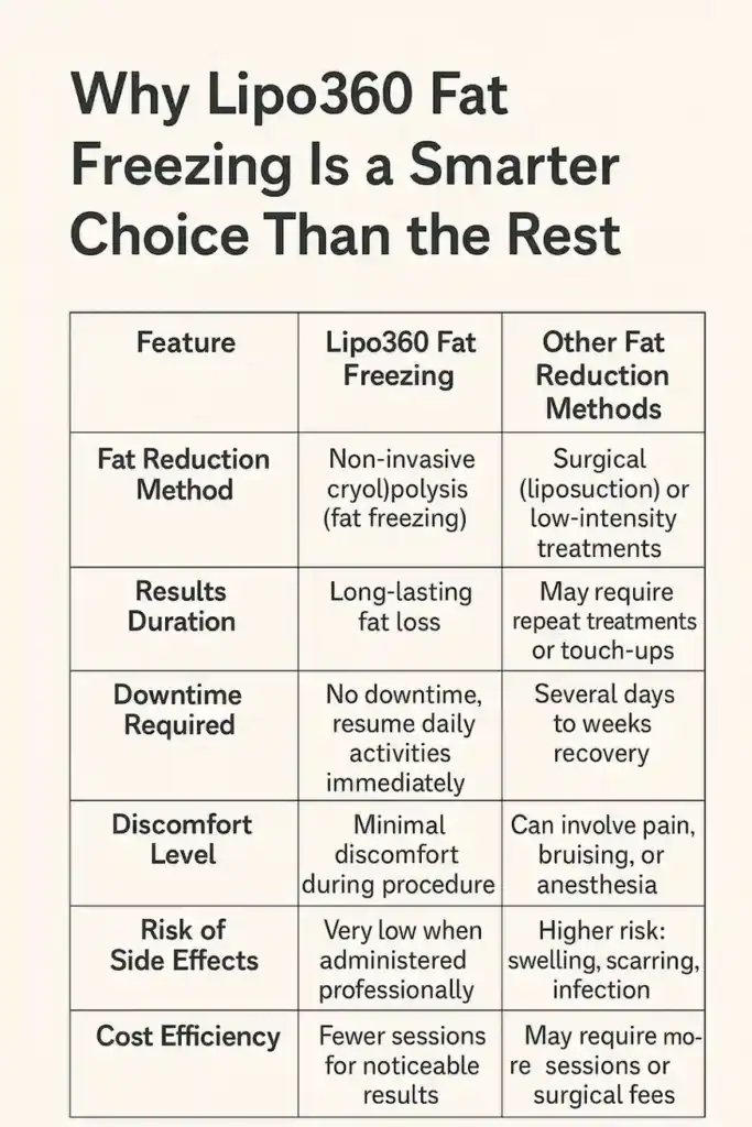 Is it possible to permanently freeze fat cells? 2 Table showing benefits of fat freezing to remove fat cells West Drayton from Lipo 360