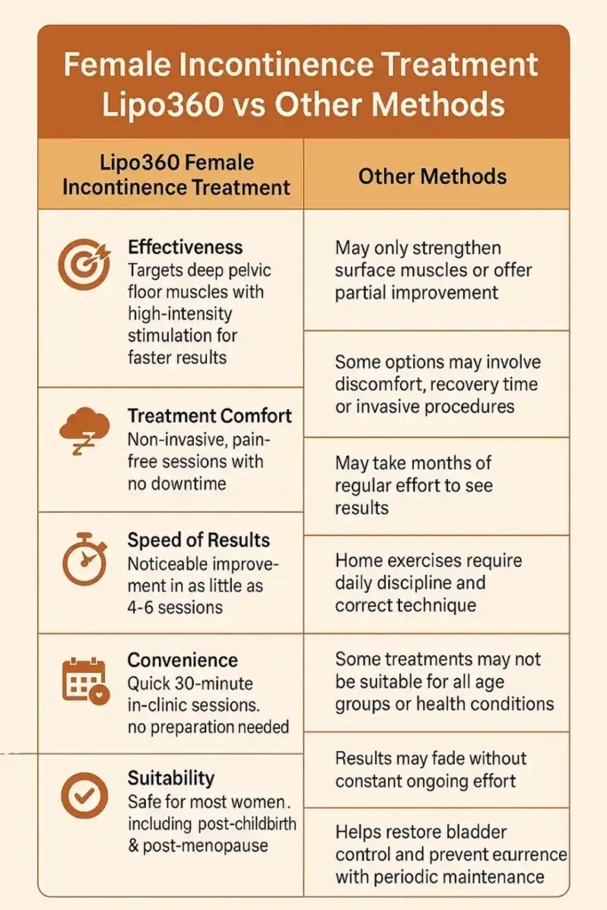 Comprehensive Guide To Female Incontinence Treatment Options 1 Table showing benefits of incontinence treatment West Drayton